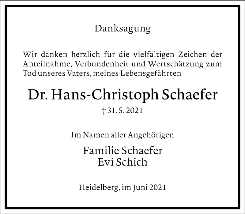  Traueranzeige für Hans-Christoph Schaefer vom 10.07.2021 aus Frankfurter Allgemeine Zeitung