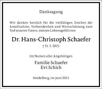 Traueranzeige von Hans-Christoph Schaefer von Frankfurter Allgemeine Zeitung