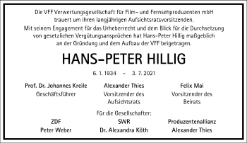 Traueranzeige von Hans-Peter Hillig von Frankfurter Allgemeine Zeitung