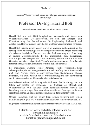 Traueranzeige von Harald Bolt von Frankfurter Allgemeine Zeitung