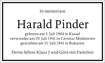 Traueranzeige von Harald Pinder von Frankfurter Allgemeine Zeitung