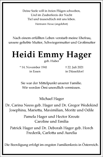 Traueranzeige von Heidi Emmy Hager von Frankfurter Allgemeine Zeitung