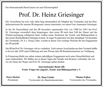 Traueranzeige von Heinz Griesinger von Frankfurter Allgemeine Zeitung