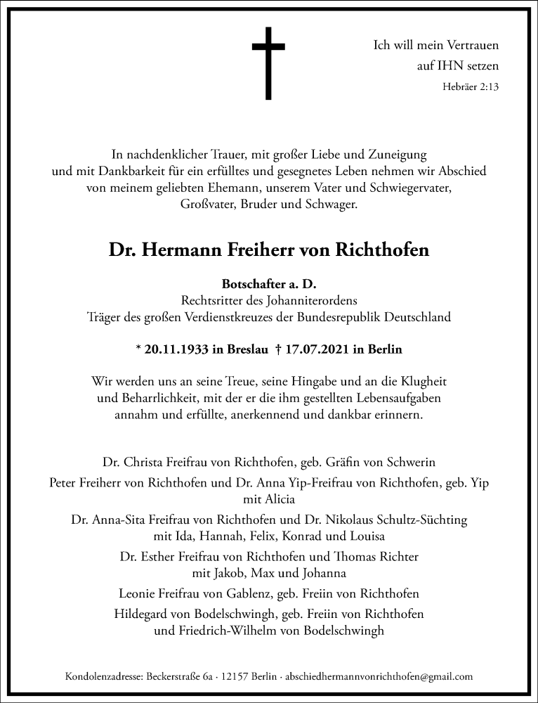  Traueranzeige für Hermann Freiherr von Richthofen vom 24.07.2021 aus Frankfurter Allgemeine Zeitung