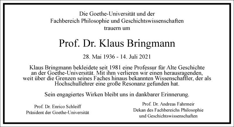  Traueranzeige für Klaus Bringmann vom 24.07.2021 aus Frankfurter Allgemeine Zeitung