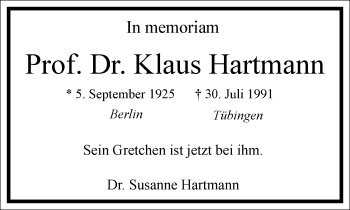 Traueranzeige von Klaus Hartmann von Frankfurter Allgemeine Zeitung