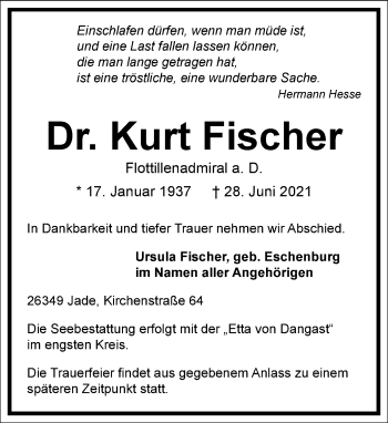 Traueranzeige von Kurt Fischer von Frankfurter Allgemeine Zeitung