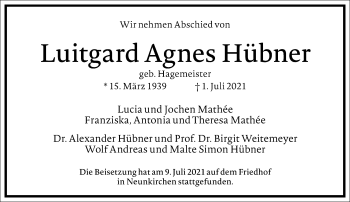 Traueranzeige von Luitgard Agnes Hübner von Frankfurter Allgemeine Zeitung