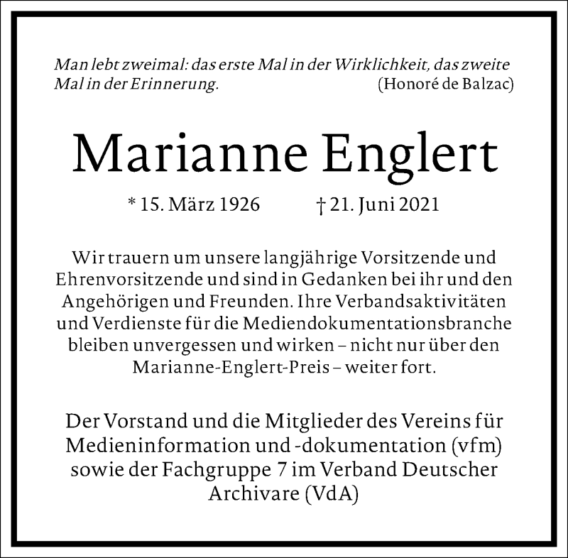  Traueranzeige für Marianne Englert vom 03.07.2021 aus Frankfurter Allgemeine Zeitung