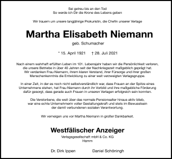 Traueranzeige von Martha Elisabeth Niemann von Frankfurter Allgemeine Zeitung