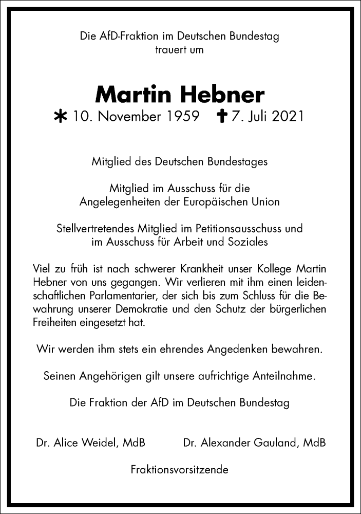  Traueranzeige für Martin Hebner vom 13.07.2021 aus Frankfurter Allgemeine Zeitung