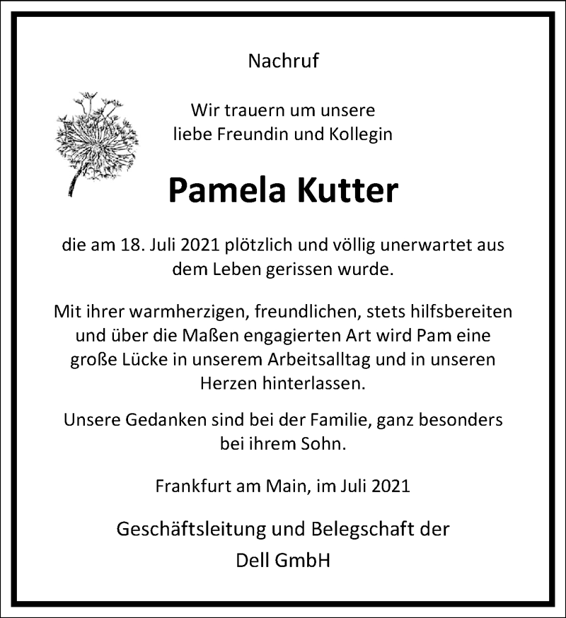  Traueranzeige für Pamela Kutter vom 31.07.2021 aus Frankfurter Allgemeine Zeitung