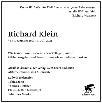 Traueranzeige von Richard Klein von Frankfurter Allgemeine Zeitung