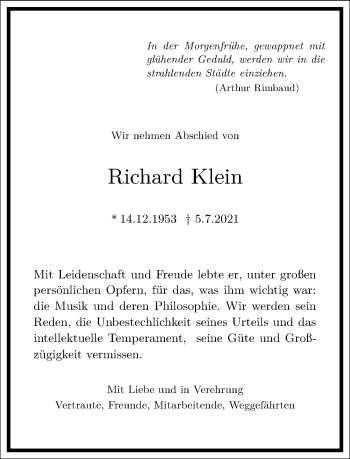 Traueranzeige von Richard Klein von Frankfurter Allgemeine Zeitung