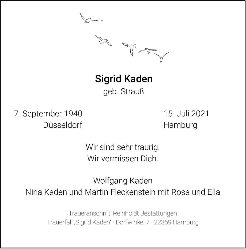  Traueranzeige für Sigrid Kaden vom 24.07.2021 aus Frankfurter Allgemeine Zeitung