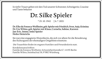 Traueranzeige von Silke Spieler von Frankfurter Allgemeine Zeitung