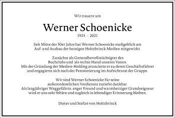 Traueranzeige von Werner Schoenicke von Frankfurter Allgemeine Zeitung