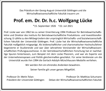 Traueranzeige von Wolfgang Lücke von Frankfurter Allgemeine Zeitung