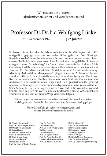 Traueranzeige von Wolfgang Lücke von Frankfurter Allgemeine Zeitung