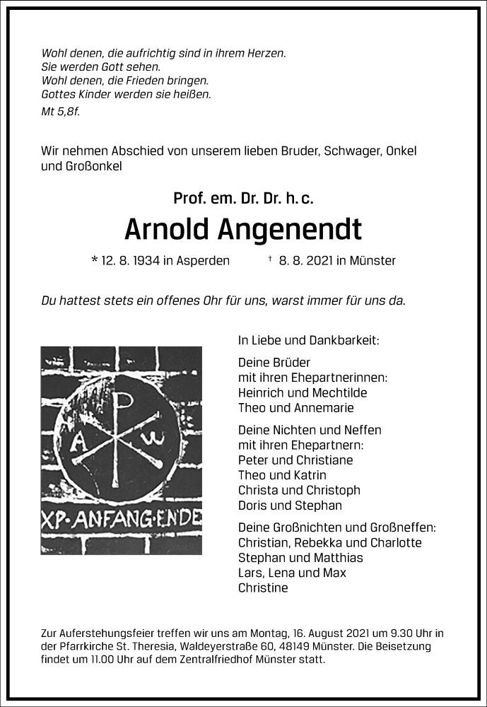  Traueranzeige für Arnold Angenendt vom 12.08.2021 aus Frankfurter Allgemeine Zeitung