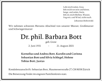 Traueranzeige von Barbara Bott von Frankfurter Allgemeine Zeitung
