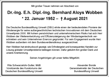 Traueranzeige von Bernhard Aloys Wobben von Frankfurter Allgemeine Zeitung