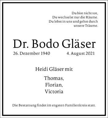 Traueranzeige von Bodo Gläser von Frankfurter Allgemeine Zeitung
