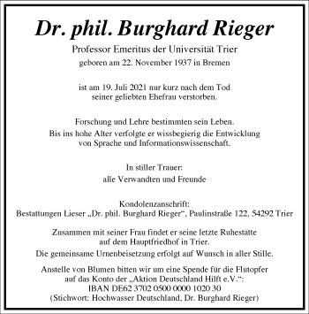 Traueranzeige von Burghard Rieger von Frankfurter Allgemeine Zeitung