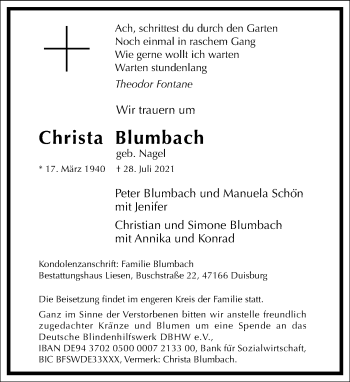 Traueranzeige von Christa Blumbach von Frankfurter Allgemeine Zeitung