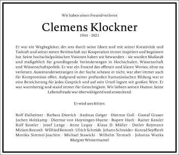 Traueranzeige von Clemens Klockner von Frankfurter Allgemeine Zeitung