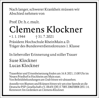 Traueranzeige von Clemens Klockner von Frankfurter Allgemeine Zeitung