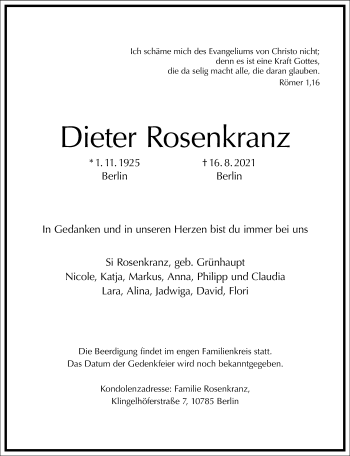 Traueranzeige von Dieter Rosenkranz von Frankfurter Allgemeine Zeitung