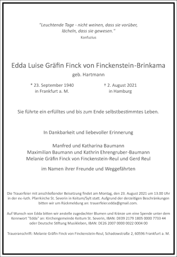 Traueranzeige von Edda Luise Gräfin Finck von Finckenstein Brinkama von Frankfurter Allgemeine Zeitung