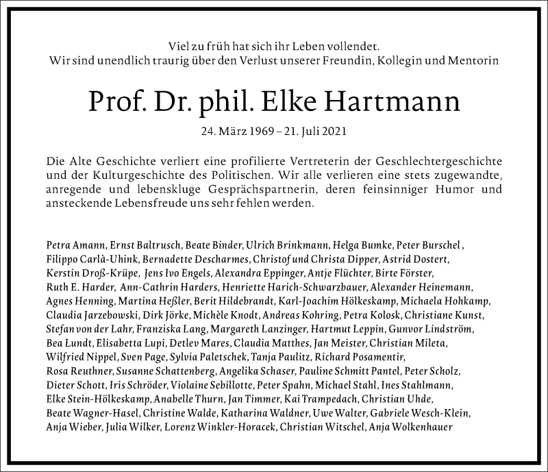  Traueranzeige für Elke Hartmann vom 07.08.2021 aus Frankfurter Allgemeine Zeitung