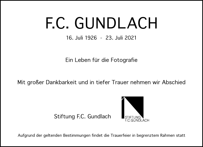  Traueranzeige für F.C. Gundlach vom 07.08.2021 aus Frankfurter Allgemeine Zeitung