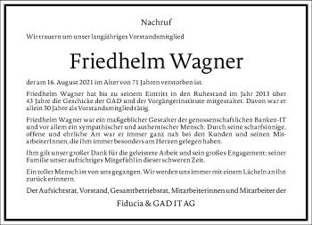 Traueranzeige von Friedhelm Wagner von Frankfurter Allgemeine Zeitung