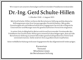 Traueranzeige von Gerd Schulte-Hillen von Frankfurter Allgemeine Zeitung