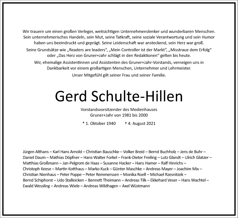  Traueranzeige für Gerd Schulte-Hillen vom 14.08.2021 aus Frankfurter Allgemeine Zeitung