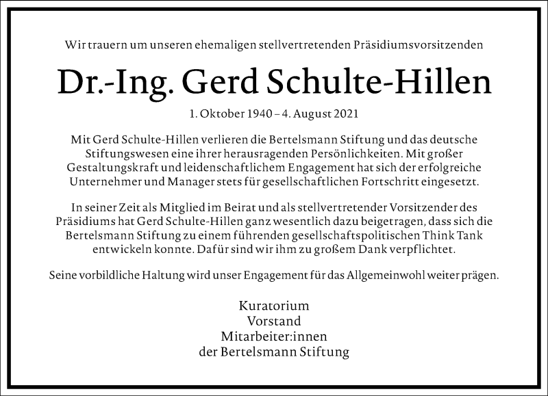  Traueranzeige für Gerd Schulte-Hillen vom 09.08.2021 aus Frankfurter Allgemeine Zeitung