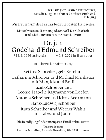 Traueranzeige von Godehard Edmund Schreiber von Frankfurter Allgemeine Zeitung