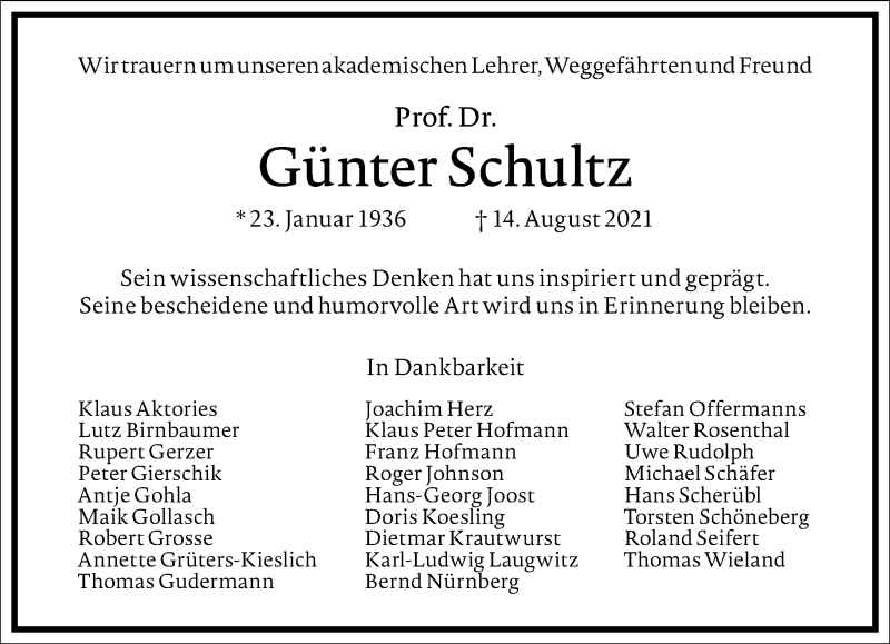  Traueranzeige für Günter Schultz vom 28.08.2021 aus Frankfurter Allgemeine Zeitung