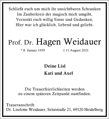 Traueranzeige von Hagen Weidauer von Frankfurter Allgemeine Zeitung