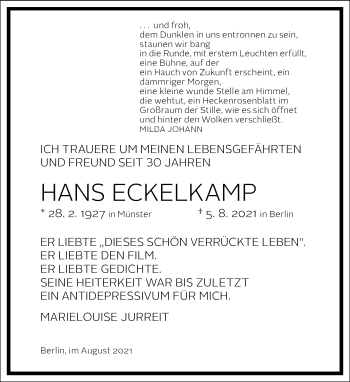 Traueranzeige von Hans Eckelkamp von Frankfurter Allgemeine Zeitung