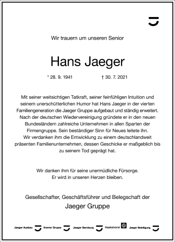 Traueranzeige von Hans Jaeger von Frankfurter Allgemeine Zeitung
