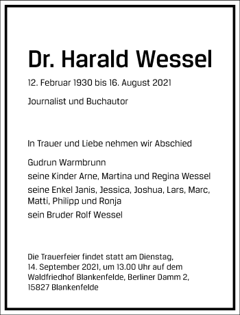 Traueranzeige von Harald Wessel von Frankfurter Allgemeine Zeitung