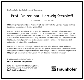 Traueranzeige von Hartwig Steusloff von Frankfurter Allgemeine Zeitung