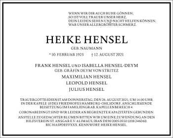 Traueranzeige von Heike Hensel von Frankfurter Allgemeine Zeitung