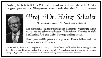 Traueranzeige von Heinz Schuler von Frankfurter Allgemeine Zeitung