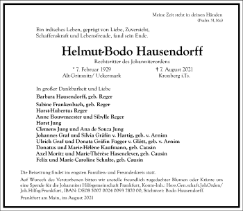 Traueranzeige von Helmut-Bodo Hausendorff von Frankfurter Allgemeine Zeitung