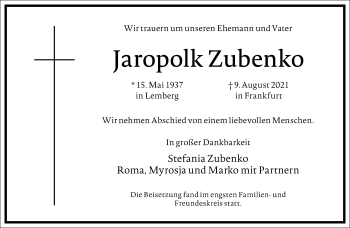 Traueranzeige von Jaropolk Zubenko von Frankfurter Allgemeine Zeitung